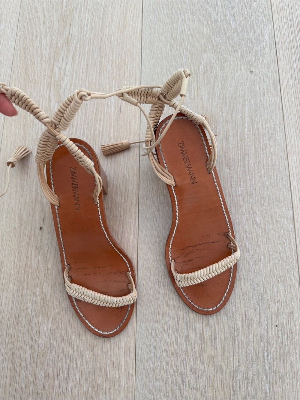 Zimmermann Cream Braided Leather Lace-Up Flat Sandals